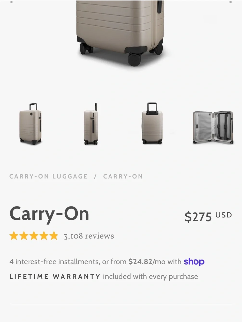 Monos Cream Spinner Luggage - Compact Travel Carry-On